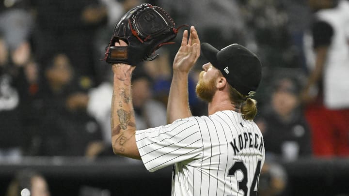 May 14, 2024; Chicago, Illinois, USA; Chicago White Sox pitcher Michael Kopech (34) after the game against the Washington Nationals at Guaranteed Rate Field. May 14, 2024; Chicago, Illinois, USA; Chicago White Sox pitcher Michael Kopech (34) after the game against the Washington Nationals at Guaranteed Rate Field.