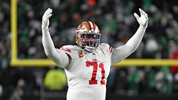 Jan 11, 2026; Philadelphia, PA, USA; San Francisco 49ers offensive tackle Trent Williams (71) celebrates win against the Philadelphia Eagles in an NFC Wild Card Round game at Lincoln Financial Field. Mandatory Credit: Eric Hartline-Imagn Images Jan 11, 2026; Philadelphia, PA, USA; San Francisco 49ers offensive tackle Trent Williams (71) celebrates win against the Philadelphia Eagles in an NFC Wild Card Round game at Lincoln Financial Field. Mandatory Credit: Eric Hartline-Imagn Images