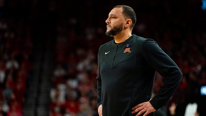 Feb 25, 2024; Lincoln, Nebraska, USA; Minnesota Golden Gophers head coach Ben Johnson against the Nebraska Cornhuskers during the first half at Pinnacle Bank Arena. Feb 25, 2024; Lincoln, Nebraska, USA; Minnesota Golden Gophers head coach Ben Johnson against the Nebraska Cornhuskers during the first half at Pinnacle Bank Arena.