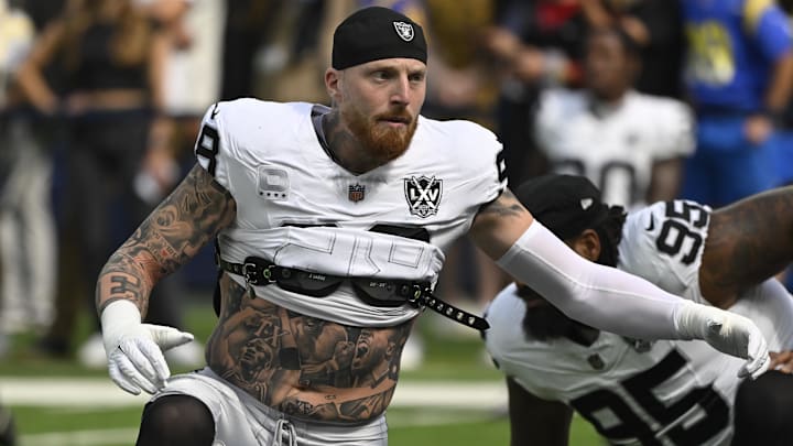 Oct 20, 2024; Inglewood, California, USA; Las Vegas Raiders defensive end Maxx Crosby (98) stretches during pregame warmups before an NFL game against the Los Angeles Rams at SoFi Stadium. Mandatory Credit: Robert Hanashiro-Imagn Images Oct 20, 2024; Inglewood, California, USA; Las Vegas Raiders defensive end Maxx Crosby (98) stretches during pregame warmups before an NFL game against the Los Angeles Rams at SoFi Stadium. Mandatory Credit: Robert Hanashiro-Imagn Images