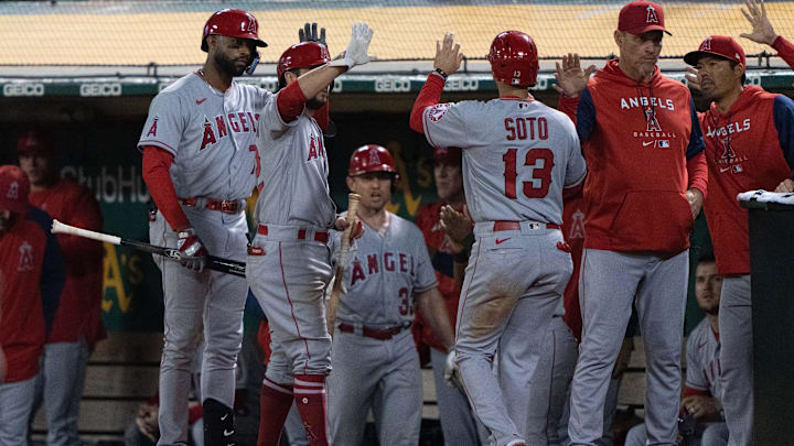 Oct 4, 2022; Oakland, California, USA;  Los Angeles Angels shortstop Livan Soto (13) celebrates with