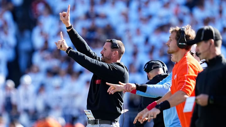 Ohio State Buckeyes co-offensive coordinator Brian Hartline motions during the NCAA football game against the Penn State Nittany Lions at Beaver Stadium in University Park, Pa. on Monday, Nov. 4, 2024. Ohio State won 20-13.