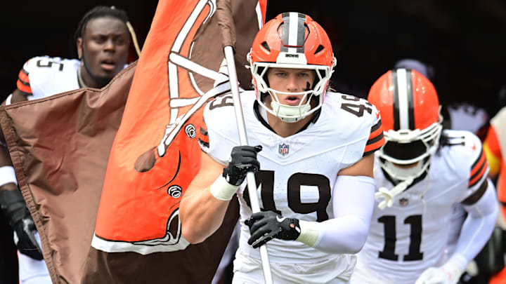 Aug 23, 2025; Cleveland, Ohio, USA; Cleveland Browns linebacker Carson Schwesinger (49) leads the team onto the field before the game between the Browns and the Los Angeles Rams at Huntington Bank Field. Mandatory Credit: Ken Blaze-Imagn Images
