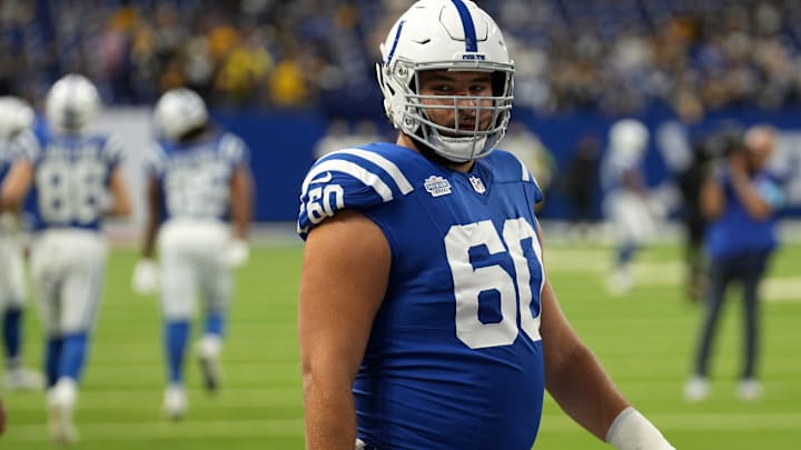 Indianapolis Colts guard Tanor Bortolini (60) warms up before an Indianapolis Colts game against the Pittsburgh Steelers on Sunday, Sept. 29, 2024, at Lucas Oil Stadium in downtown Indianapolis.