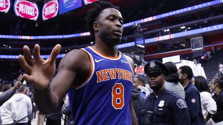 May 1, 2025; Detroit, Michigan, USA; New York Knicks forward OG Anunoby (8) walks off the court after the game against the Detroit Pistons  during game six of first round for the 2024 NBA Playoffs at Little Caesars Arena. Mandatory Credit: Rick Osentoski-Imagn Images