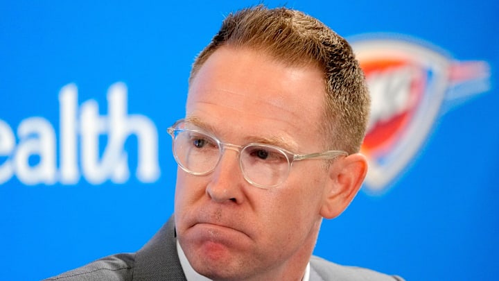 Thunder general manager Sam Presti speaks during an introductory press conference for the 2024 Thunder draft picks at Oklahoma Contemporary Arts Center in Oklahoma City, Saturday, June, 29, 2024. Thunder general manager Sam Presti speaks during an introductory press conference for the 2024 Thunder draft picks at Oklahoma Contemporary Arts Center in Oklahoma City, Saturday, June, 29, 2024.