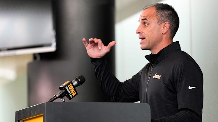 Iowa men’s basketball head coach Ben McCollum fields questions from journalists during the team’s media day Oct. 15, 2025 at Carver-Hawkeye Arena in Iowa City, Iowa.