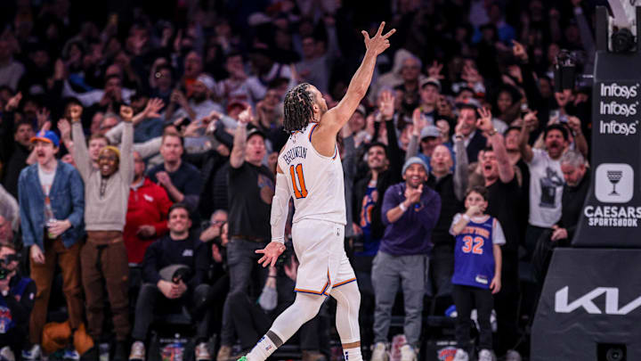 Feb 3, 2025; New York, New York, USA; New York Knicks guard Jalen Brunson (11) reacts after makes a three point basket during the second half against the Houston Rockets at Madison Square Garden. Mandatory Credit: Vincent Carchietta-Imagn Images Feb 3, 2025; New York, New York, USA; New York Knicks guard Jalen Brunson (11) reacts after makes a three point basket during the second half against the Houston Rockets at Madison Square Garden. Mandatory Credit: Vincent Carchietta-Imagn Images