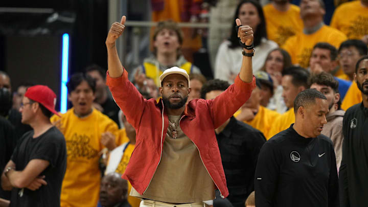 Golden State Warriors forward Iguodala gestures during the fourth quarter of game four of the 2023 NBA playoffs against the Sacramento Kings at Chase Center. 