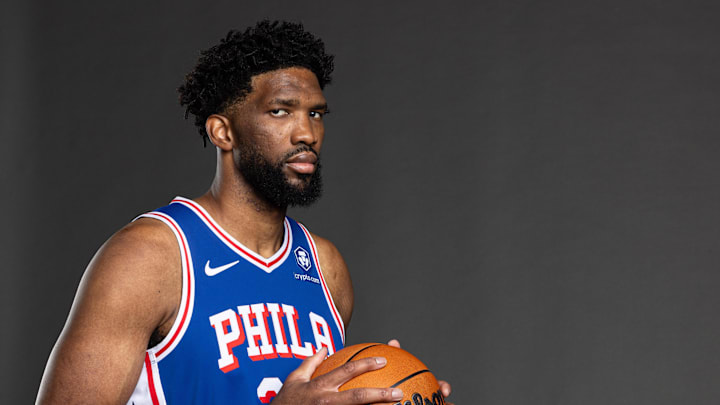 Sep 30, 2024; Camden, NJ, USA; Philadelphia 76ers center Joel Embiid (21) poses for a photo on media day at the Philadelphia 76ers Training Complex. Mandatory Credit: Bill Streicher-Imagn Images Sep 30, 2024; Camden, NJ, USA; Philadelphia 76ers center Joel Embiid (21) poses for a photo on media day at the Philadelphia 76ers Training Complex. Mandatory Credit: Bill Streicher-Imagn Images