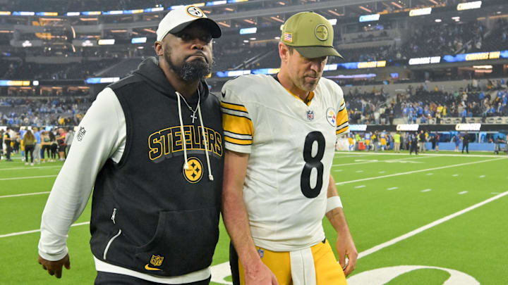 Nov 9, 2025; Inglewood, California, USA; Pittsburgh Steelers head coach Mike Tomlin and quarterback Aaron Rodgers (8) walk off the field after the game against the Los Angeles Chargers at SoFi Stadium. Mandatory Credit: Jayne Kamin-Oncea-Imagn Images Nov 9, 2025; Inglewood, California, USA; Pittsburgh Steelers head coach Mike Tomlin and quarterback Aaron Rodgers (8) walk off the field after the game against the Los Angeles Chargers at SoFi Stadium. Mandatory Credit: Jayne Kamin-Oncea-Imagn Images