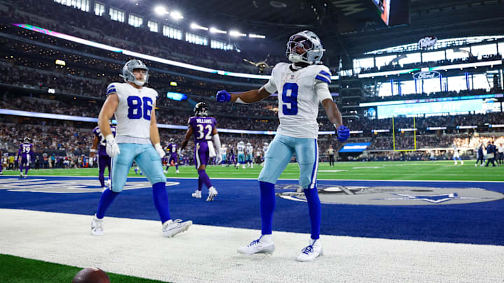 Sep 22, 2024; Arlington, Texas, USA;  Dallas Cowboys wide receiver KaVontae Turpin (9) reacts after scoring a touchdown during the second half against the Baltimore Ravens at AT&T Stadium. 