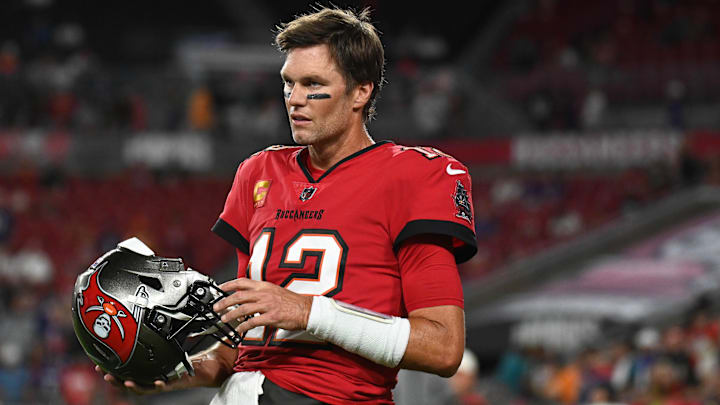 Oct 27, 2022; Tampa, Florida, USA; Tampa Bay Buccaneers quarterback Tom Brady (12) warms up before