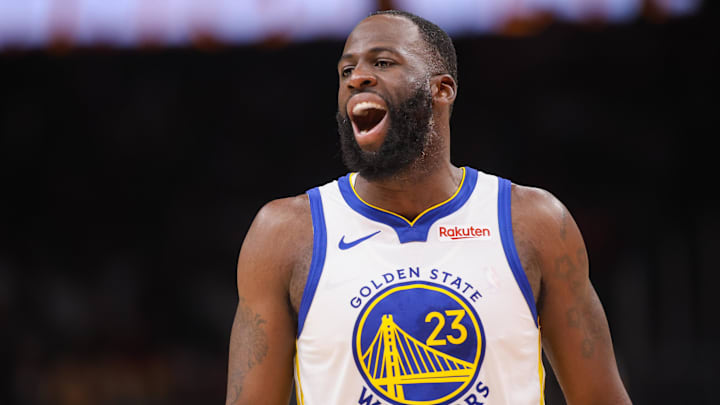 Mar 21, 2026; Atlanta, Georgia, USA; Golden State Warriors forward Draymond Green (23) reacts to a call against the Atlanta Hawks in the second quarter at State Farm Arena. Mandatory Credit: Brett Davis-Imagn Images


