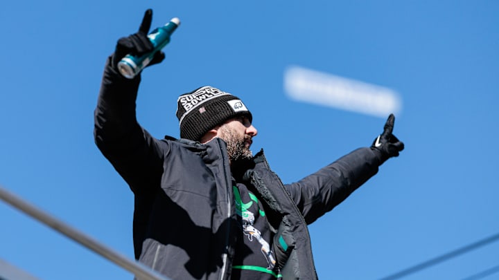 Feb 14, 2025; Philadelphia, PA, USA; Philadelphia Eagles head coach Nick Sirianni celebrates during the Super Bowl LIX championship parade and rally. Mandatory Credit: Caean Couto-Imagn Images