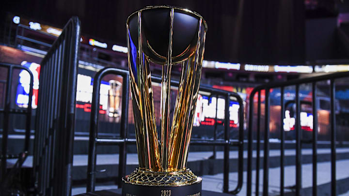 Dec 6, 2023; Las Vegas, NV, USA; The NBA In-Season Tournament trophy during practice day prior to the In-Season Tournament semi-finals at T-Mobile Arena. Mandatory Credit: Candice Ward-Imagn Images