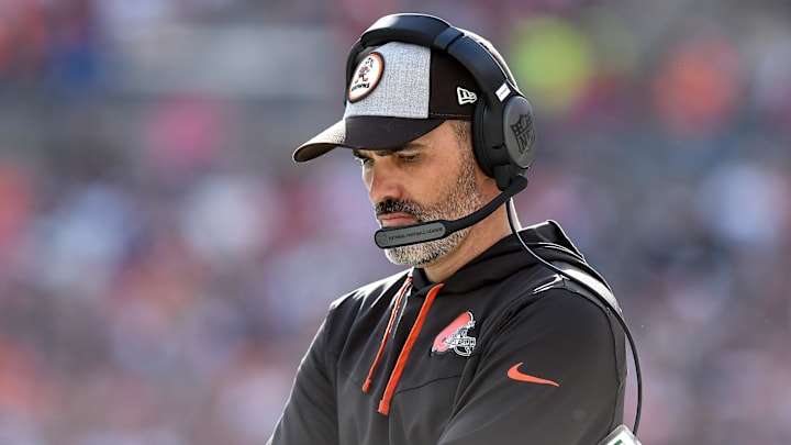 Oct 16, 2022; Cleveland, Ohio, USA; Cleveland Browns head coach Kevin Stefanski on the sidelines against the New England Patriots in the third quarter at FirstEnergy Stadium. Mandatory Credit: Lon Horwedel-Imagn Images