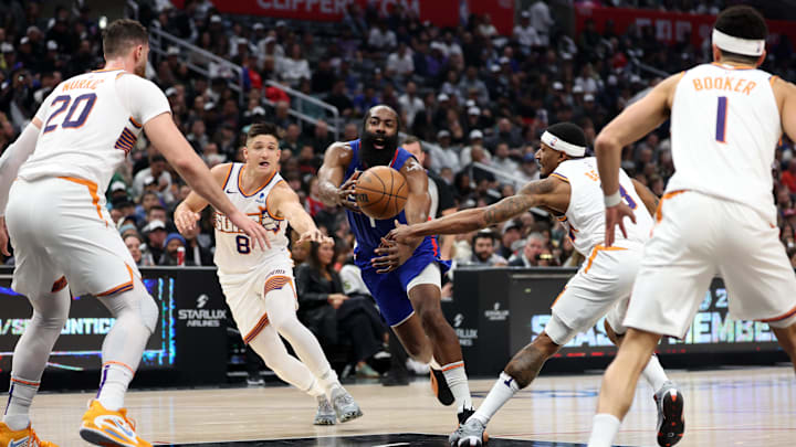 Jan 8, 2024; Los Angeles, California, USA; Los Angeles Clippers guard James Harden (1) is fouled by Phoenix Suns guard Bradley Beal (3) during the second quarter at Crypto.com Arena. Mandatory Credit: Kiyoshi Mio-Imagn Images Jan 8, 2024; Los Angeles, California, USA; Los Angeles Clippers guard James Harden (1) is fouled by Phoenix Suns guard Bradley Beal (3) during the second quarter at Crypto.com Arena. Mandatory Credit: Kiyoshi Mio-Imagn Images