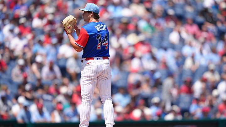 Jul 12, 2026; Philadelphia, PA, USA; National League pitcher Gage Wood (14) stands on the mound against American League in the first inning at Citizens Bank Park. Mandatory Credit: Kyle Ross-Imagn Images Jul 12, 2026; Philadelphia, PA, USA; National League pitcher Gage Wood (14) stands on the mound against American League in the first inning at Citizens Bank Park. Mandatory Credit: Kyle Ross-Imagn Images