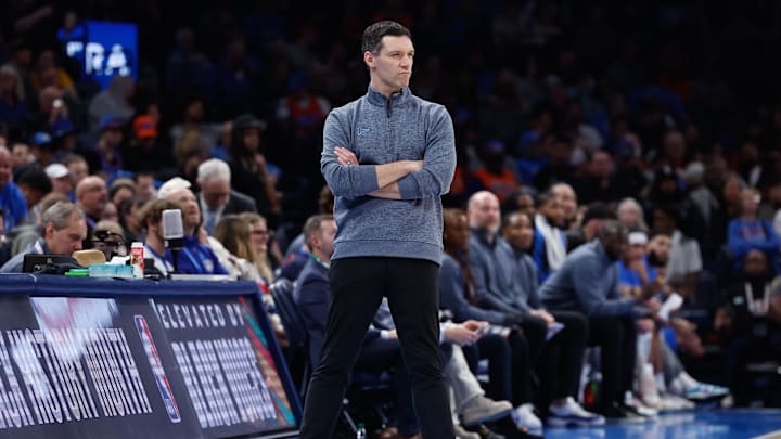 Feb 5, 2025; Oklahoma City, Oklahoma, USA; Oklahoma City Thunder head coach Mark Daigneault watches his team play against the Phoenix Suns during the second half of a game at Paycom Center. Mandatory Credit: Alonzo Adams-Imagn Images Feb 5, 2025; Oklahoma City, Oklahoma, USA; Oklahoma City Thunder head coach Mark Daigneault watches his team play against the Phoenix Suns during the second half of a game at Paycom Center. Mandatory Credit: Alonzo Adams-Imagn Images