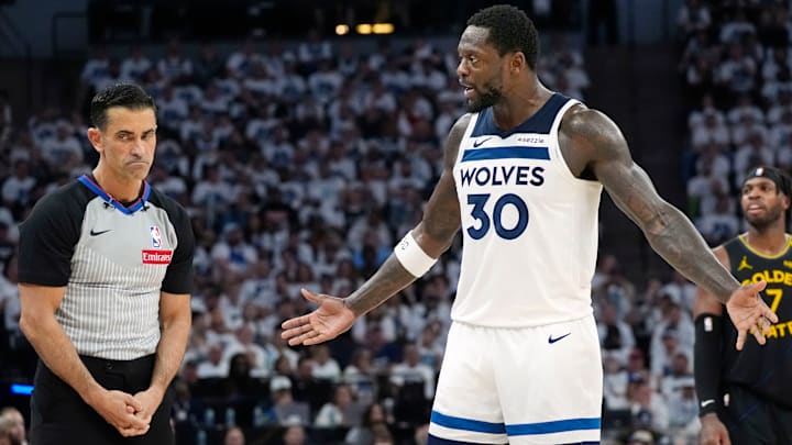 Minnesota Timberwolves forward Julius Randle questions the call of referee Zach Zarba in the third quarter during Game 1 of their Western Conference semifinal against the Golden State Warriors at Target Center in Minneapolis on May 6, 2025.