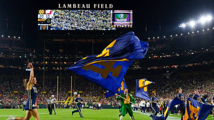 Notre Dame celebrates after scoring a touchdown during the second half of a NCAA football game against Wisconsin at Lambeau Field on Sunday, Sept. 6, 2026, in Green Bay, WI. Notre Dame celebrates after scoring a touchdown during the second half of a NCAA football game against Wisconsin at Lambeau Field on Sunday, Sept. 6, 2026, in Green Bay, WI.