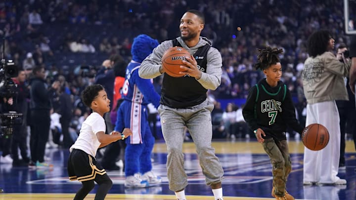 Feb 15, 2025; Oakland, CA, USA; Shaq’s OGs guard Damian Lillard (0) of the Milwaukee Bucks warms up during the NBA All Star-Practice at Chase Center. Mandatory Credit: Cary Edmondson-Imagn Images