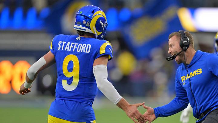 Los Angeles Rams head coach Sean McVay reacts with quarterback Matthew Stafford (9). Mandatory Credit: Jayne Kamin-Oncea-Imagn Images Los Angeles Rams head coach Sean McVay reacts with quarterback Matthew Stafford (9). Mandatory Credit: Jayne Kamin-Oncea-Imagn Images