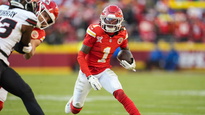 Dec 21, 2024; Kansas City, Missouri, USA; Kansas City Chiefs wide receiver Xavier Worthy (1) runs with the ball during the second half against the Kansas City Chiefs at GEHA Field at Arrowhead Stadium. Mandatory Credit: Jay Biggerstaff-Imagn Images