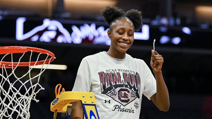 Mar 30, 2026; Sacramento, CA, USA; South Carolina Gamecocks forward Joyce Edwards (8) cuts the nets after defeating the Texas Christian University Horned Frogs in an Elite Eight game in the Sacramento Regional 4 of the women's 2026 NCAA Tournament at the Golden 1 Center. Mandatory Credit: Ed Szczepanski-Imagn Images Mar 30, 2026; Sacramento, CA, USA; South Carolina Gamecocks forward Joyce Edwards (8) cuts the nets after defeating the Texas Christian University Horned Frogs in an Elite Eight game in the Sacramento Regional 4 of the women's 2026 NCAA Tournament at the Golden 1 Center. Mandatory Credit: Ed Szczepanski-Imagn Images