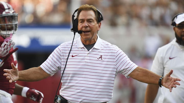 Sep 23, 2023; Tuscaloosa, Alabama, USA;  Alabama Crimson Tide head coach Nick Saban questions a call