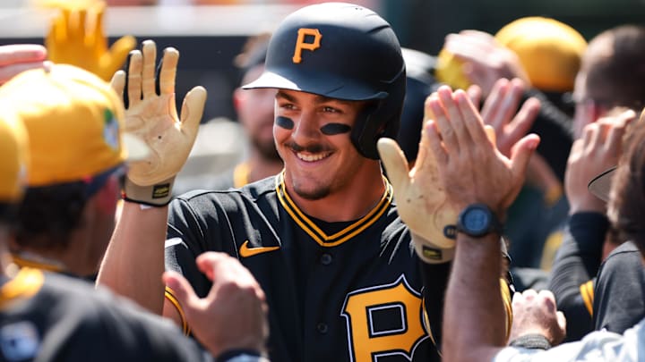 Mar 1, 2026; Jupiter, Florida, USA; Pittsburgh Pirates shortstop Konnor Griffin (75) celebrates after hitting a two-run home run against the St. Louis Cardinals during the first inning at Roger Dean Chevrolet Stadium. Mandatory Credit: Sam Navarro-Imagn Images