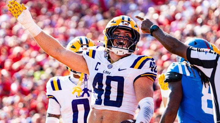 LSU linebacker Whit Weeks (40) gestures toward the crowd after a turnover during a college football game between Ole Miss and LSU at Vaught-Hemingway Stadium in Oxford, Miss., on Saturday, Sept. 27, 2025. LSU linebacker Whit Weeks (40) gestures toward the crowd after a turnover during a college football game between Ole Miss and LSU at Vaught-Hemingway Stadium in Oxford, Miss., on Saturday, Sept. 27, 2025.
