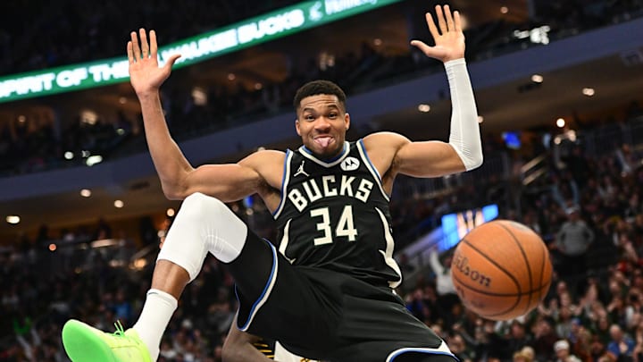 Nov 22, 2024; Milwaukee, Wisconsin, USA; Milwaukee Bucks forward Giannis Antetokounmpo (34) reacts after dunking a basket in the third quarter against the Indiana Pacers at Fiserv Forum. Mandatory Credit: Benny Sieu-Imagn Images