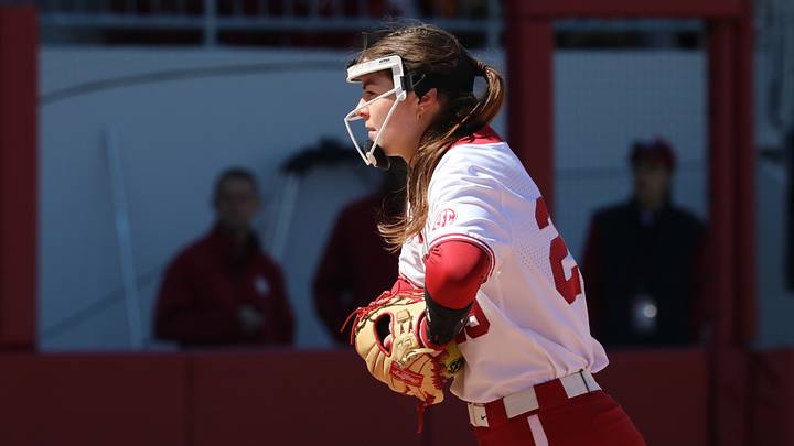 Oklahoma pitcher Sydney Berzon stares into home plate during a contest against Kentucky at Love's Field.