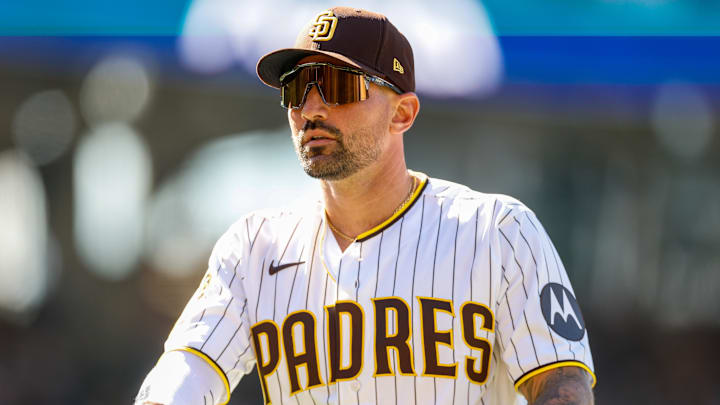 Mar 26, 2026; San Diego, California, USA; San Diego Padres first baseman Nick Castellanos (21) comes off the field during the ninth inning against the Detroit Tigers at Petco Park. Mandatory Credit: David Frerker-Imagn Images