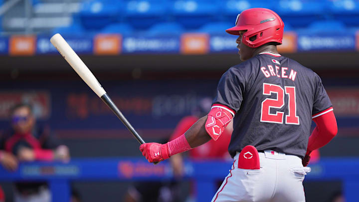 Mar 15, 2024; Port St. Lucie, Florida, USA; Washington Nationals outfielder Elijah Green (21) bats in the fourth inning of the Breakout Classic at Clover Park. 