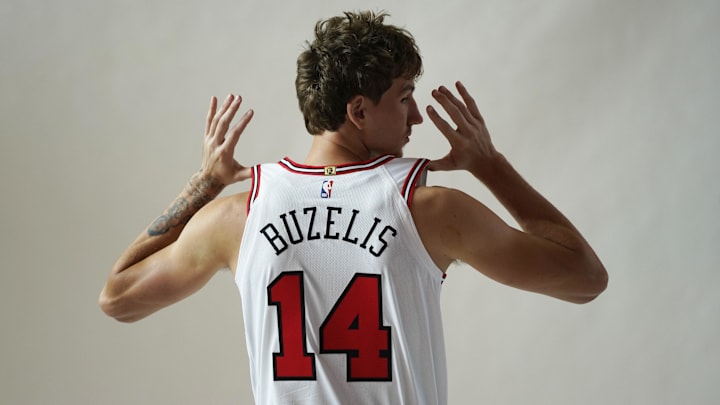 Sep 29, 2025; Chicago, IL, USA; Chicago Bulls forward Matas Buzelis (14) poses for photos during Chicago Bulls Media Day. Mandatory Credit: David Banks-Imagn Images
