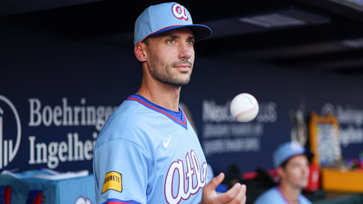 Apr 10, 2026; Atlanta, Georgia, USA; Atlanta Braves first baseman Matt Olson (28) in the dugout before a game against the Cleveland Guardians at Truist Park. Mandatory Credit: Brett Davis-Imagn Images
