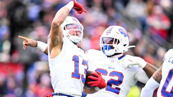 Buffalo Bills wide receiver Mack Hollins reacts after making a catch against the New England Patriots during the first half at Gillette Stadium. 