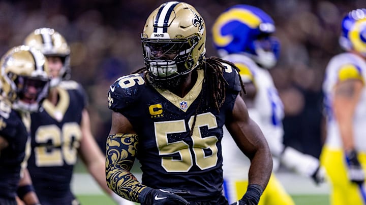Dec 1, 2024; New Orleans, Louisiana, USA;  New Orleans Saints linebacker Demario Davis (56) looks on again the Los Angeles Rams during the second half at Caesars Superdome. 