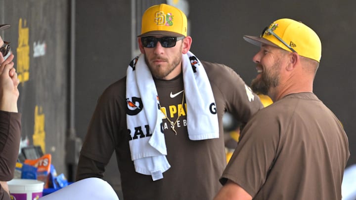 Feb 23, 2026; Peoria, Arizona, USA;  San Diego Padres pitcher Joe Musgrove (44) in the dugout during the game against the Milwaukee Brewers at Peoria Sports Complex. Mandatory Credit: Jayne Kamin-Oncea-Imagn Images