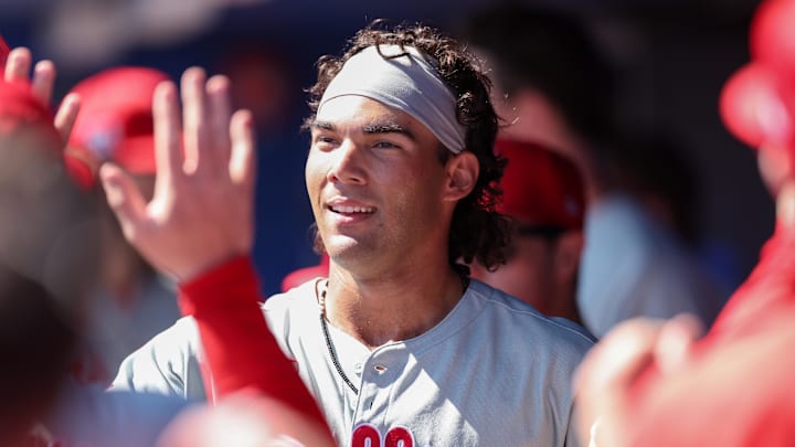 Feb 26, 2025; Dunedin, Florida, USA; Philadelphia Phillies outfielder Gabriel Rincones Jr. (85) celebrates after hitting a home run against the Toronto Blue Jays in the third inning during spring training at TD Ballpark.