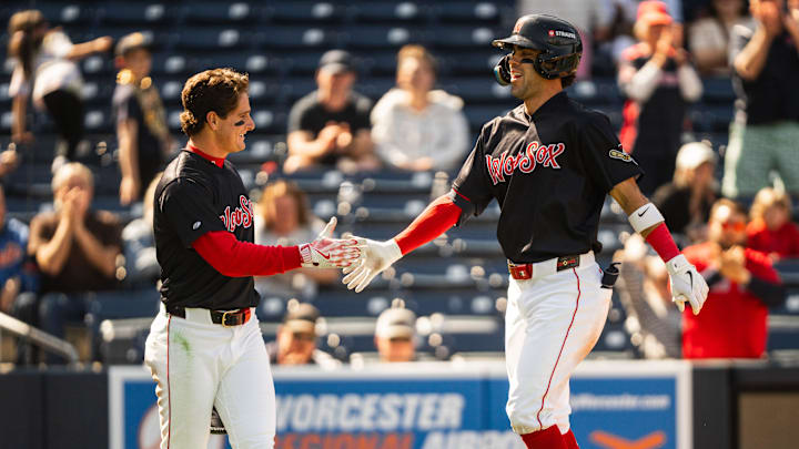 WooSox player Roman Anthony (left) high fives teammate Marcelo Mayer during a Triple-A game at Polar Park on April 23, 2025. WooSox player Roman Anthony (left) high fives teammate Marcelo Mayer during a Triple-A game at Polar Park on April 23, 2025.