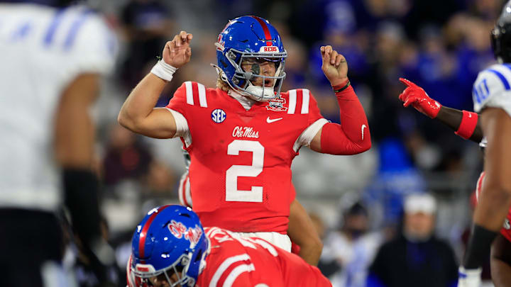 Mississippi Rebels quarterback Jaxson Dart (2) calls a play during the first quarter of the TaxSlayer Gator Bowl Thursday, Jan. 2, 2025 at EverBank Stadium in Jacksonville, Fla. [Corey Perrine/Florida Times-Union]