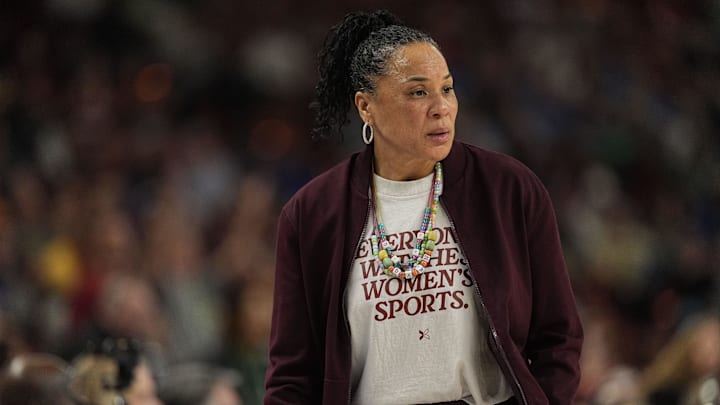 Mar 8, 2025; Greenville, SC, USA; South Carolina Gamecocks head coach Dawn Staley during the second half against the Oklahoma Sooners at Bon Secours Wellness Arena. Mandatory Credit: Jim Dedmon-Imagn Images