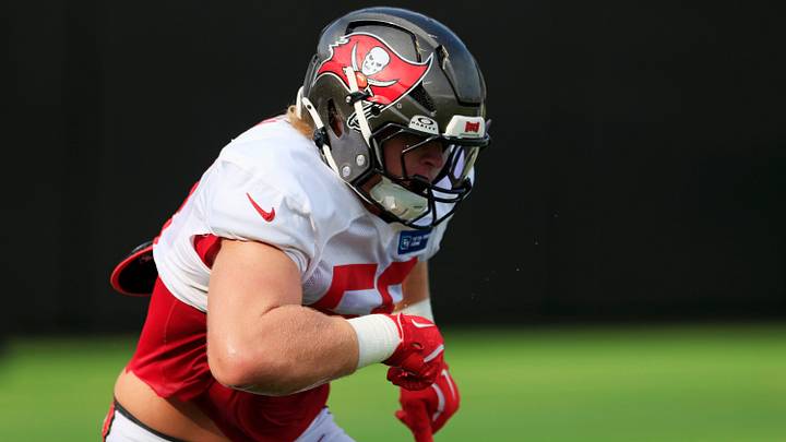 Tampa Bay Buccaneers defensive lineman Jack Pyburn (58) runs a drill during a joint Buccaneers‑Jaguars NFL practice at the Miller Electric Center on Tuesday, Aug. 25, 2026, in Jacksonville, Fla.