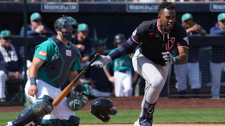 Feb 26, 2026: Cleveland Guardians center fielder Angel Martinez (1) hits a single against the Seattle Mariners during the first inning at Peoria Sports Complex. M