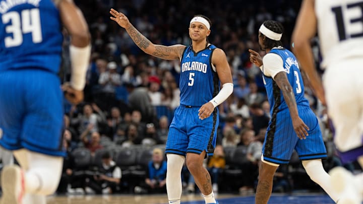 Orlando Magic forward Paolo Banchero (5) celebrates his three-pointer against the Sacramento Kings in the third quarter at Kia Center.