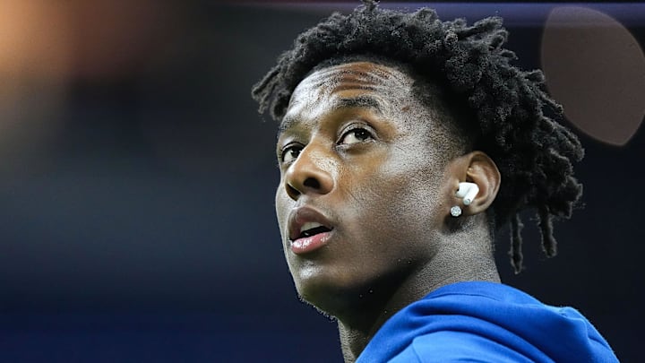 Indianapolis Colts cornerback Sauce Gardner (1) warms-up on the field Sunday, Dec. 28, 2025, ahead of the game against against the Jacksonville Jaguars at Lucas Oil Stadium in Indianapolis.